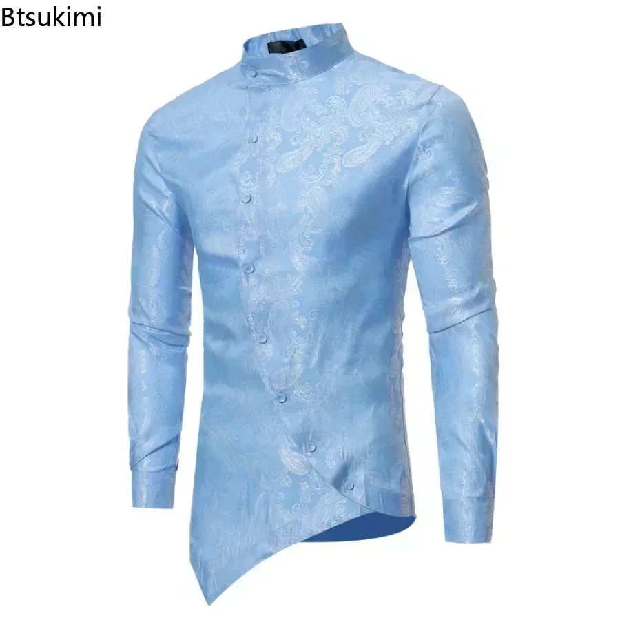 2026 Men\'s Irregular Oblique Hem Shirts Fashion Printed Stand Collar Button Long Sleeve Shirts Slim Casual Social Shirts for Men