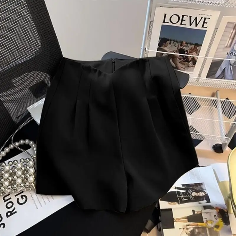 한국어 단순 여름 새 정장 바지 여성 솔리드 하이 웨이스트 지퍼 플리츠 패션 다목적 루즈 스트레이트 와이드 레그 반바지