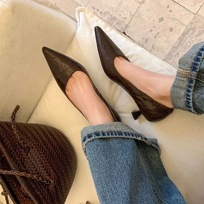 NEW Spring/Autumn Women Pumps Genuine Leather Shoes Women Pointed Toe Thin Heel Shoes Slip-on Shallow High Heels Handmade Shoes