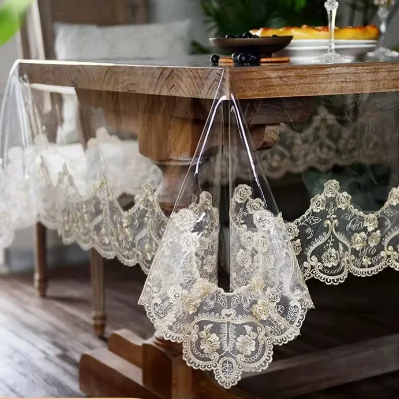 PVC Lace Edge Tablecloth Oil-Proof Transparent Table Mat Easy-Clean European Tea Table Cover  Soft Embroidered Glass Protector