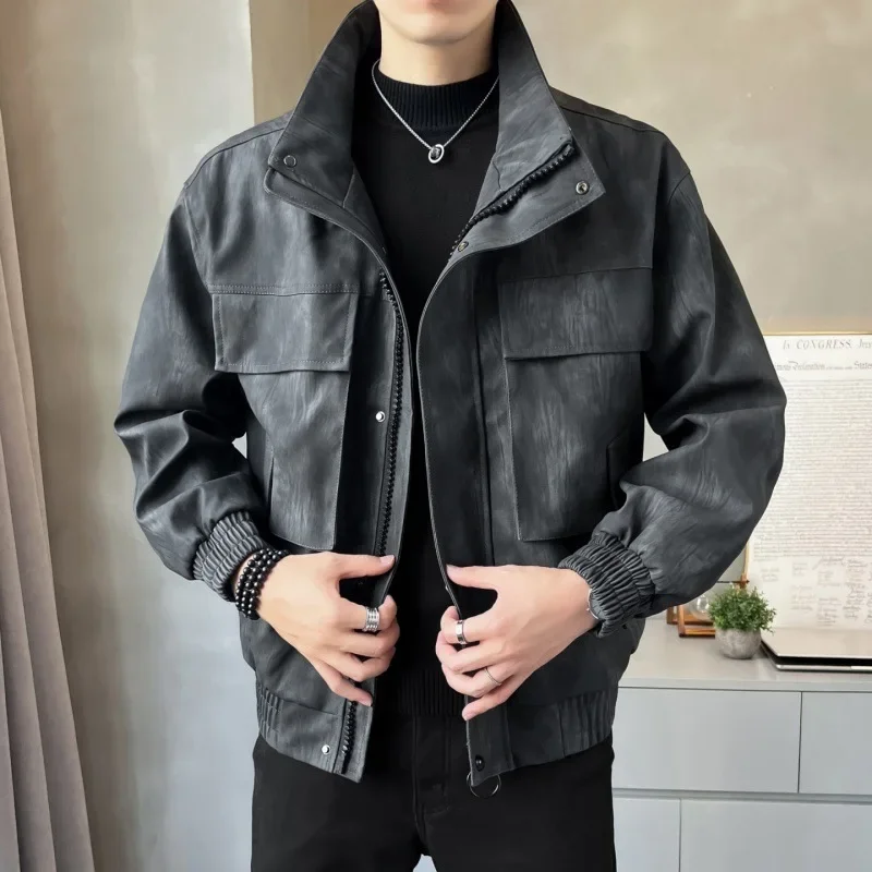 

Man Cargo Jacket Autumn Washed Printed Windproof Male Leather Coat Motorcycle Punk Stand Collar Long Sleeve Zipper Men Outerwear