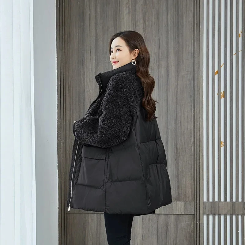 Women Winter Coat Jacket Warm Down Cotton Parkas 2024 High-end Lamb Plush Splicing Overcoat Female Loose Large Size Outcoat