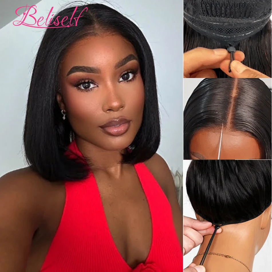 

13x4 Yaki Straight Bob Wig Human Hair Upgrade Pull Go Glueless Wigs Human Hair with Elastic Drawstring Ready to Wear Beliself