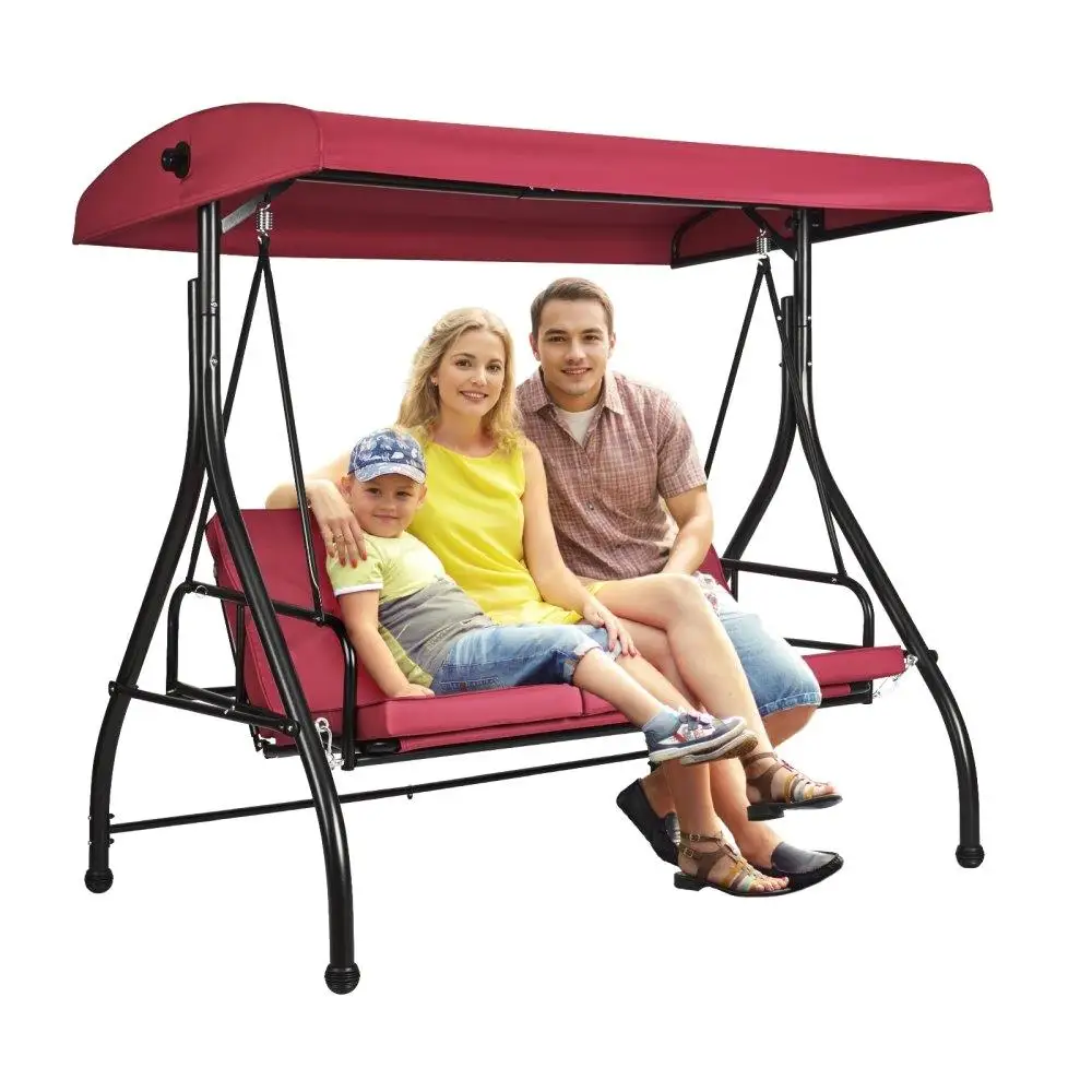 

3 Seat Outdoor Patio Swing Chair with Convertible Canopy Adjustable Shade Removable Thick Cushion Alloy Steel Frame Burgundy