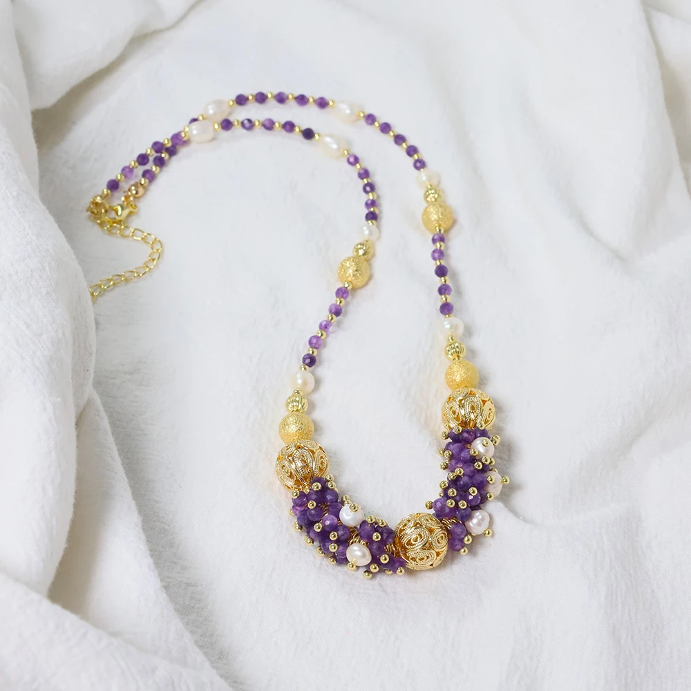 Natural Freshwater Pearl Amethyst Flower Cluster Necklace Korean Women's Luxury Jewelry Fashion Women's and Girls' Gifts GN0621 - Image 3