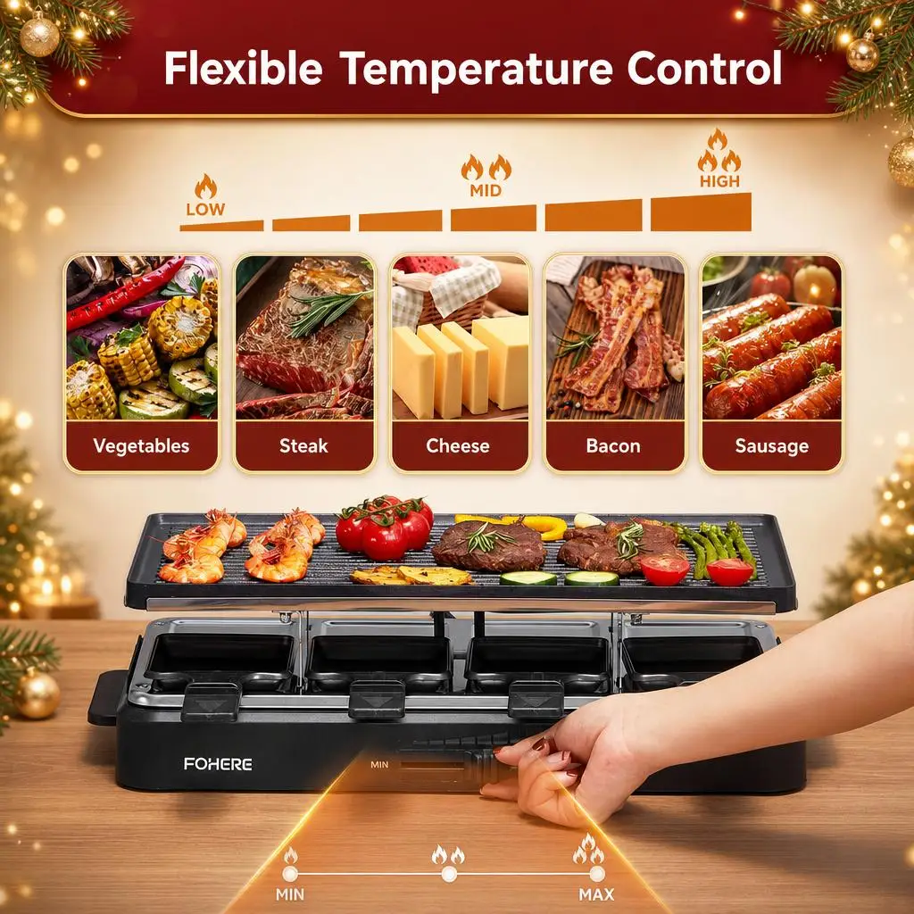 1500W Electric Raclette Grill Indoor Korean BBQ Machine 2 in 1 Reversible Non-stick Griddle Teppanyaki Cheese Melter 8 Pans