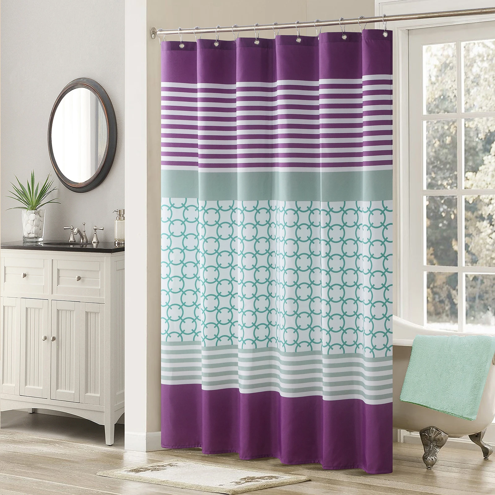 

Halo Lacey Purple Stripes Polyester Waterproof Printed Bright Fabric Decoratived Modern Blue Shower Curtain