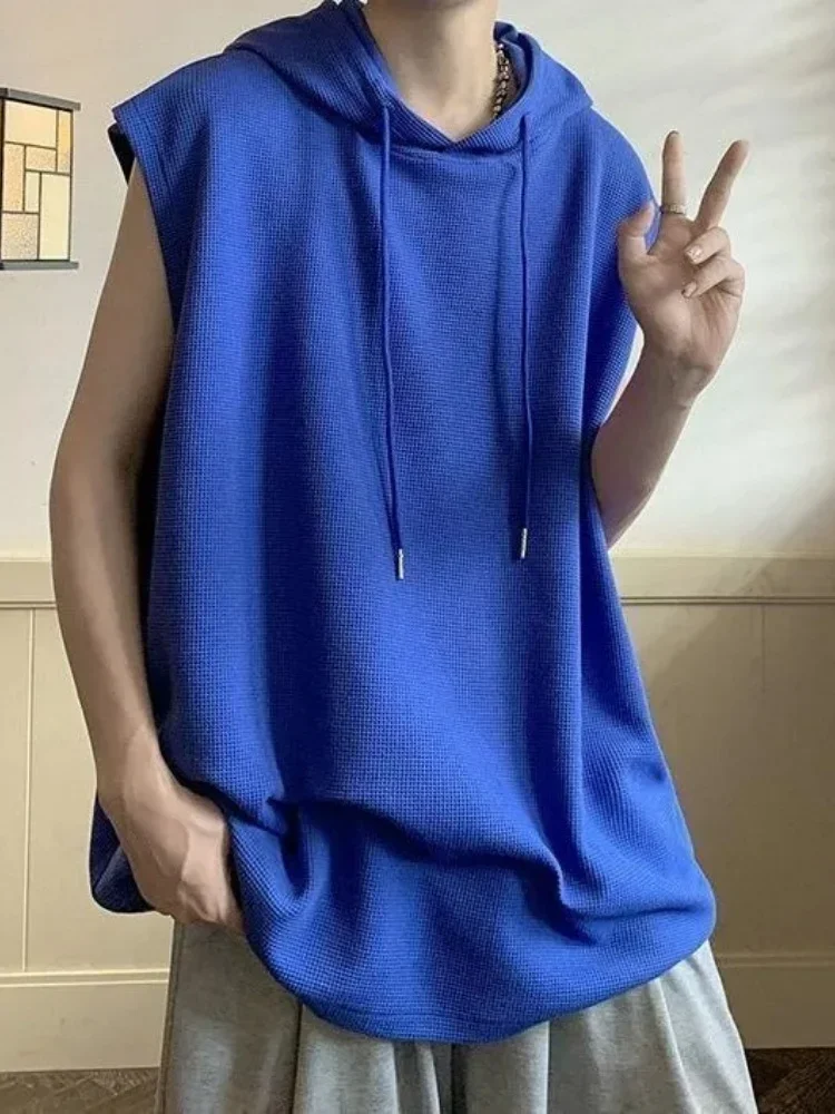 Men's Sleeveless Hooded Sweatshirt Loose Fit Solid Color Summer Casual Lightweight Pullover Hoodie for Daily Wear
