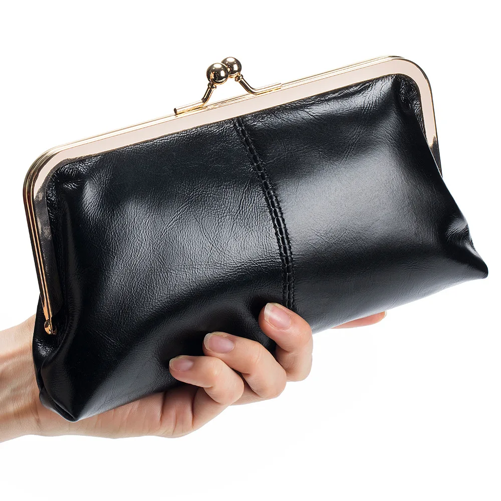 Brand Design Women Wallets Genuine Cow Leather Purse Lady Long Wallet Cowhide Clutch Phone Purses Card Holder Retro Metal Frame