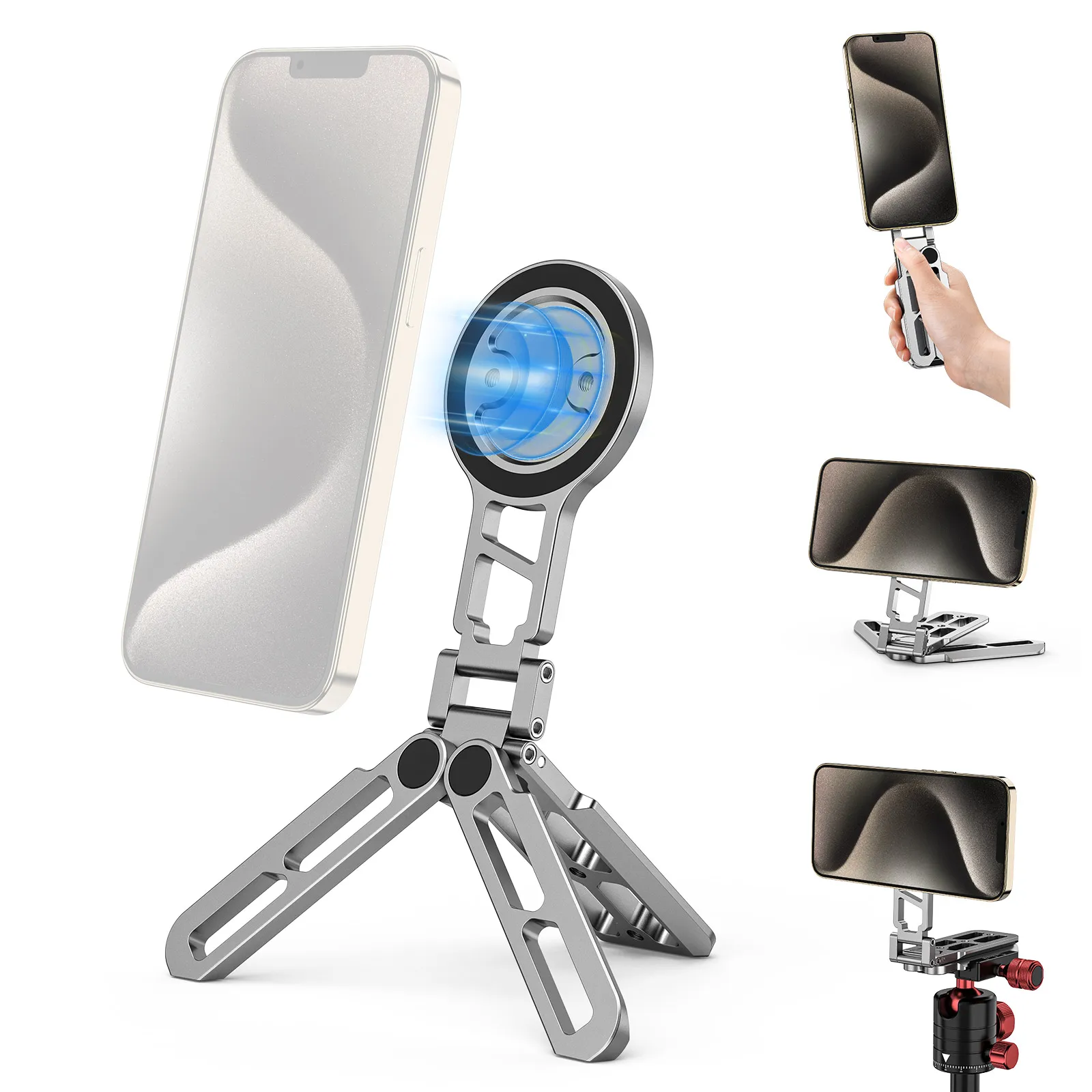 

CAMOLO for Magsafe Tripod Magnetic Phone Holder for iPhone Xiaomi SamsungFoldable Desktop Phone Mount w/ Arca-Swiss