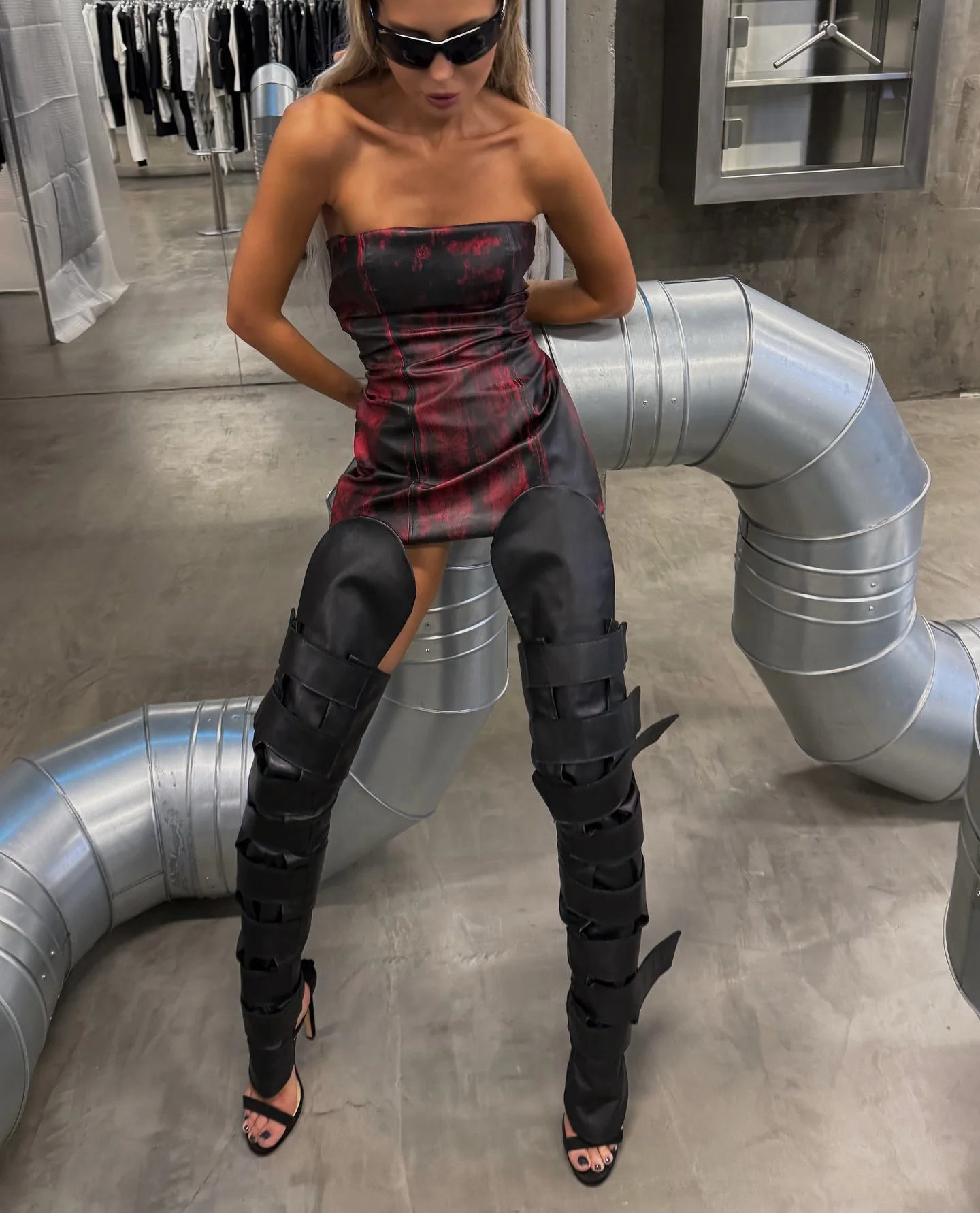 Black Buckle Women Over Knee Boots Sexy Punk Style Belt Buckle 10/12cm High Heel Sandals Over The Knee Boots Size 44