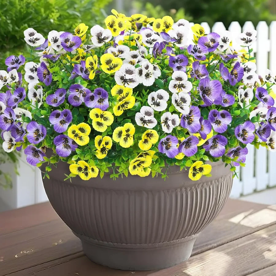 9 mechones de flores artificiales para exteriores, flores de pensamiento falsas, plantas artificiales resistentes a los rayos UV, bragas realistas de seda sintética para porche Pa