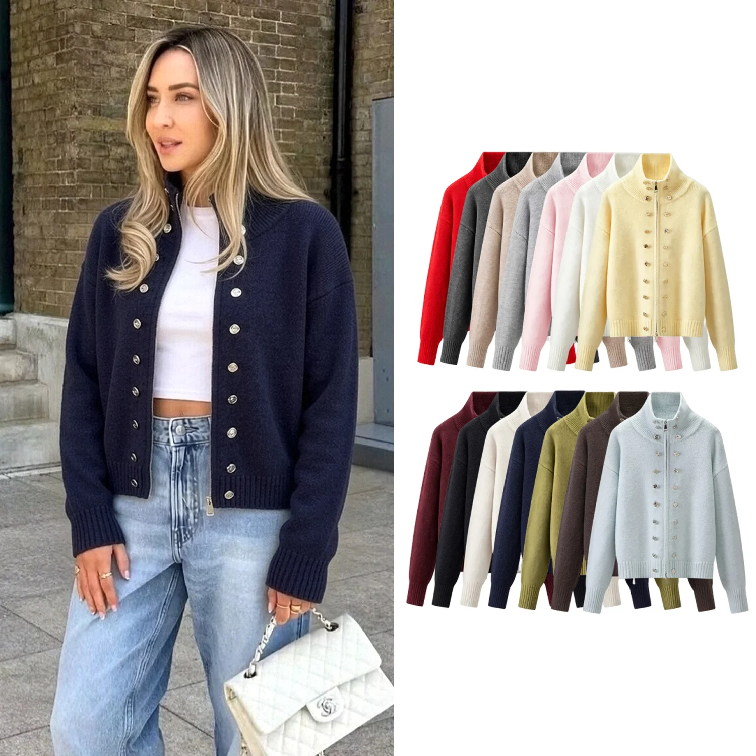 Women Knitted Cardigan Sweater Design Autumn Winter Female Double Breasted Sweater Coats Lady High-End Lazy Zipper Y2K Knit Tops