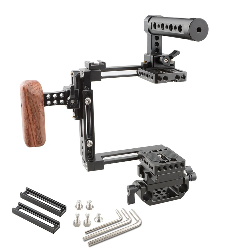 HDRIG Universal DSLR Camera Cage Dual-use Adjustable Cage Quick Release Kit With NATO Top Cheese Handle& NATO Wooden Handgrip