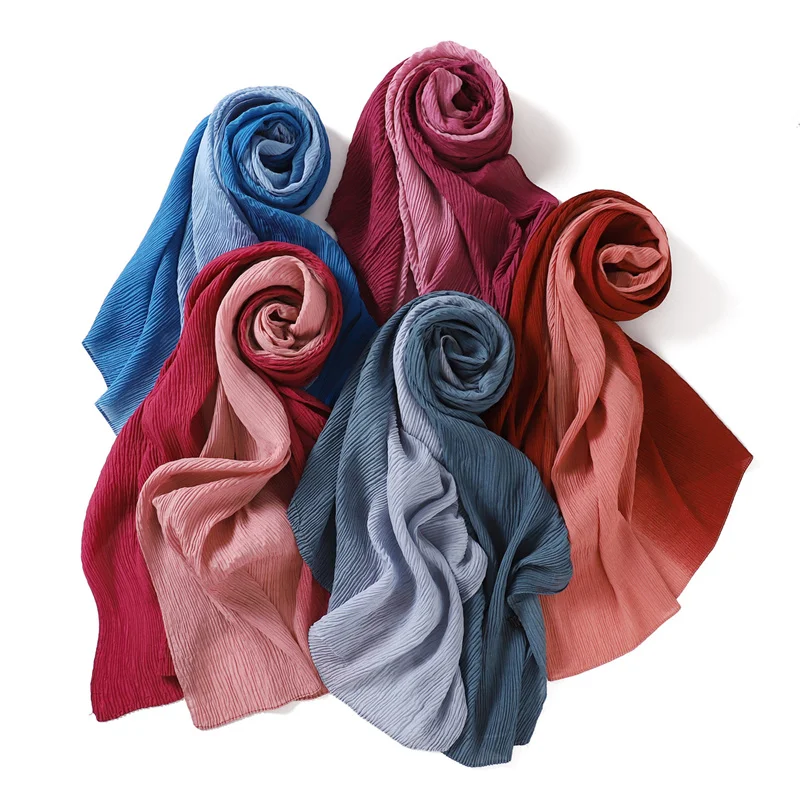 Women Plain Ombre Wrinkle Polyester Shawls Scarf Lady Shimmer Pleated Headband Wrap Solid Crinkle  Scarves Muslim Hijab 180*70Cm