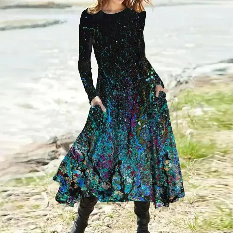 

Robe Femme Vintage Boho Gradient Printed Midi Long Dress Spring Autumn Elegant High Waist Pocket Long Sleeve A-line Street Dress