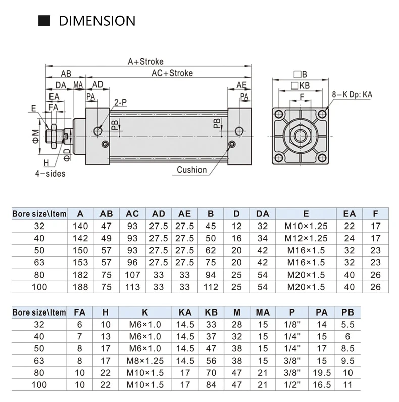 SC 32 40 50 63 Bore Pneumatic Air Cylinder Piston 50 75 100 150 200 300 400 500 600 800 1000mm Stroke Double Acting Cylinders