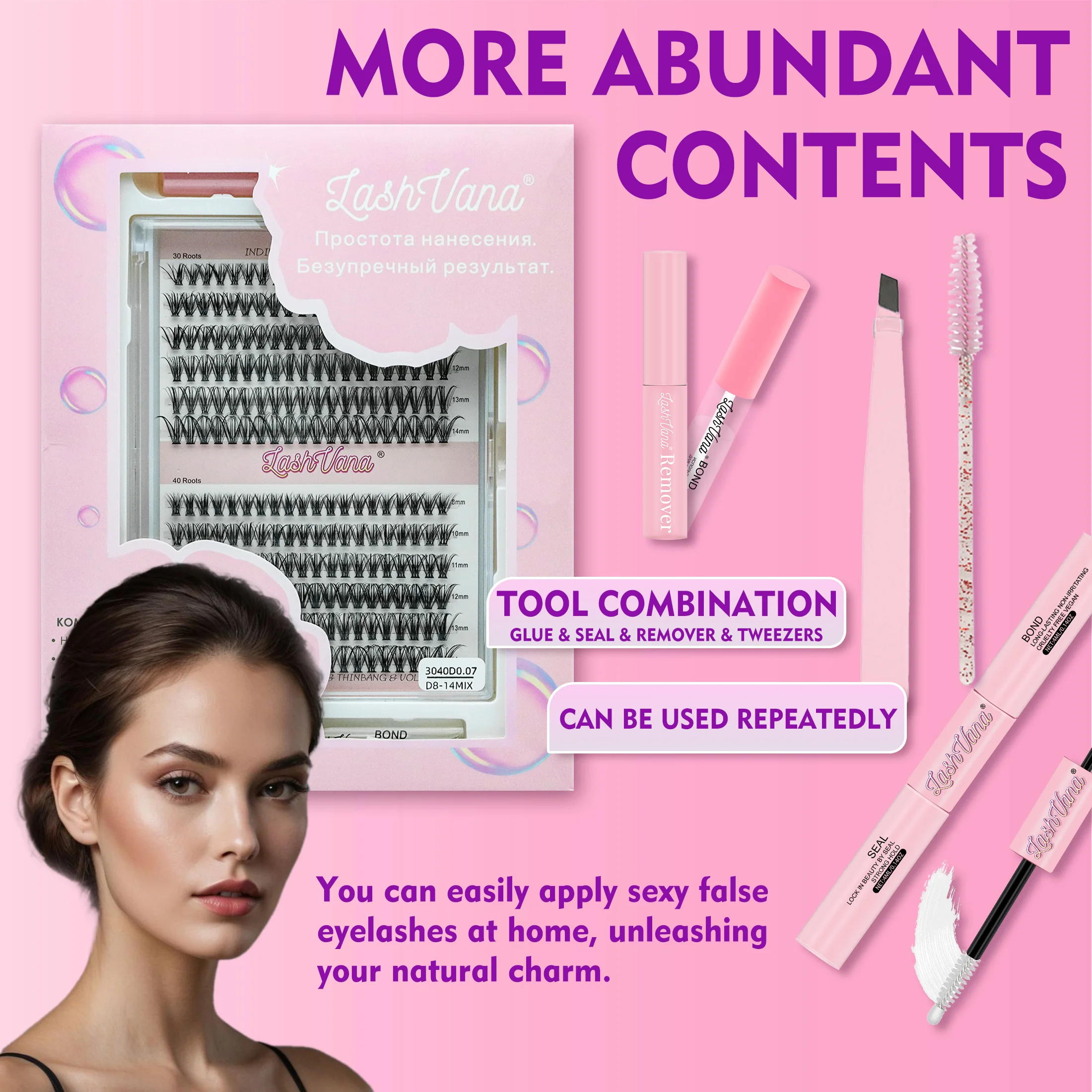 8-in-1-Set für künstliche Wimpern, bestehend aus 30D- und 40D-Wimpern, 8–14 mm Länge/Paar Bindekleber/Wimpernversiegelung/Pinzette/Bürste