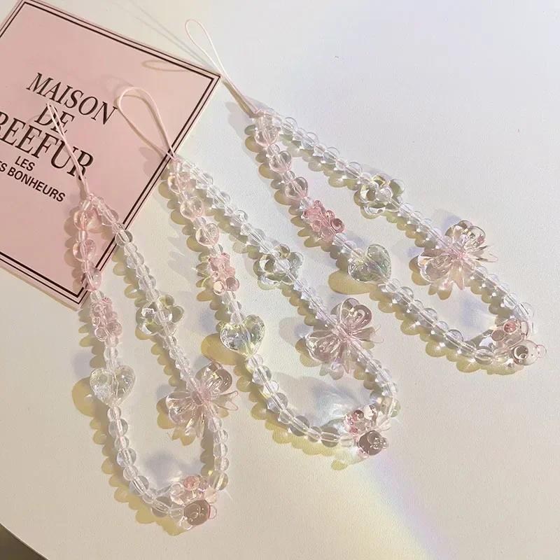 

Korean Pink Bear Butterfly Flower Phone Strap Charm Chain Knot Cellphone Lanyard Keychain Woman Girl Bag Camera Pendant for Case