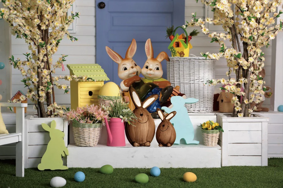 ฤดูใบไม้ผลิอีสเตอร์กระต่ายพื้นหลังดอกไม้กระต่ายหญ้า Lown วันเกิดการถ่ายภาพฉากหลังอีสเตอร์ไข่ Vintage ประตูฤดูใบไม้ผลิ Photocall