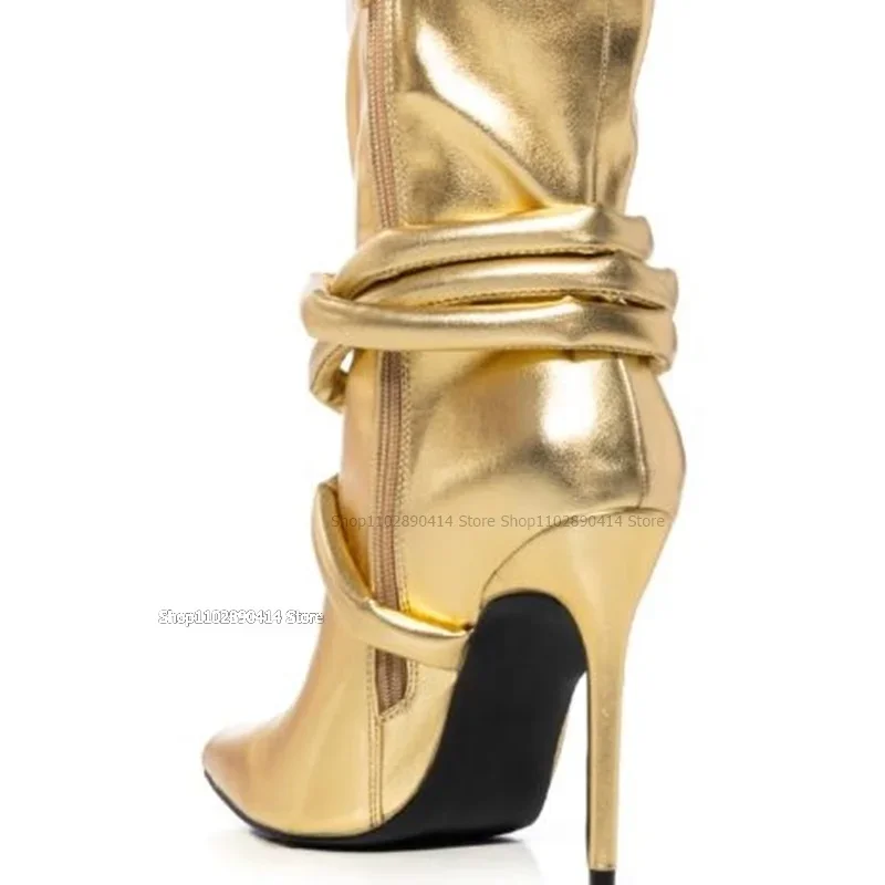 الذهب Strappy مشبك ديكور أشار تو الأحذية منتصف العجل الجانب سستة النساء أحذية رقيقة عالية الكعب موضة جديدة 2023 Zapatos Para Mujere