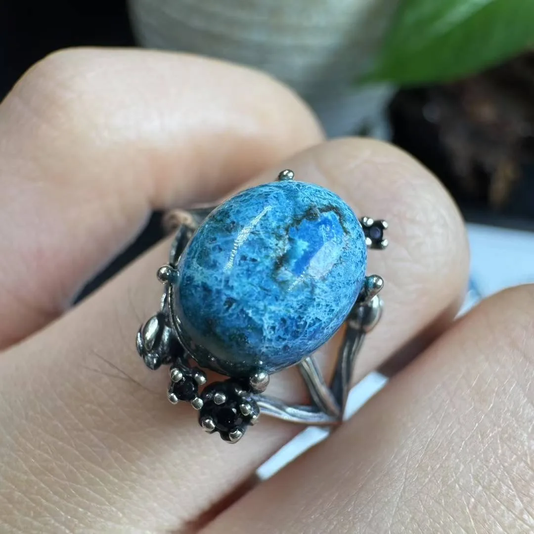 1 Pc Fengbaowu Natural Stone Chrysocolla Oval Cabochon Ring 925 Sterling Silver Fashion Crystal Jewelry Gift For Women Men