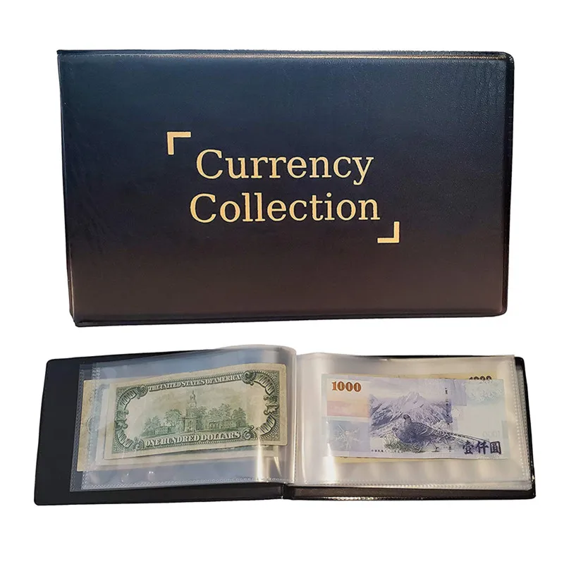 40 Pockets Banknote Currency Collecting Album 20 Sheets Clear Dollar Bill Holders World Money PU Leather Hard Cover Storage