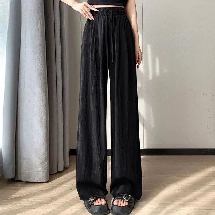 Ice Silk Wide Leg Pants Women's Summer Thin Loose High Waist Drapey Sun Protection Mountain Brand Casual Straight Folded
