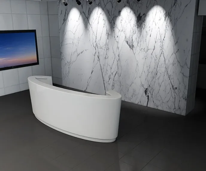 

Standard size custom made stone solid surface half round wood small curved semi circular reception desk white with led light/