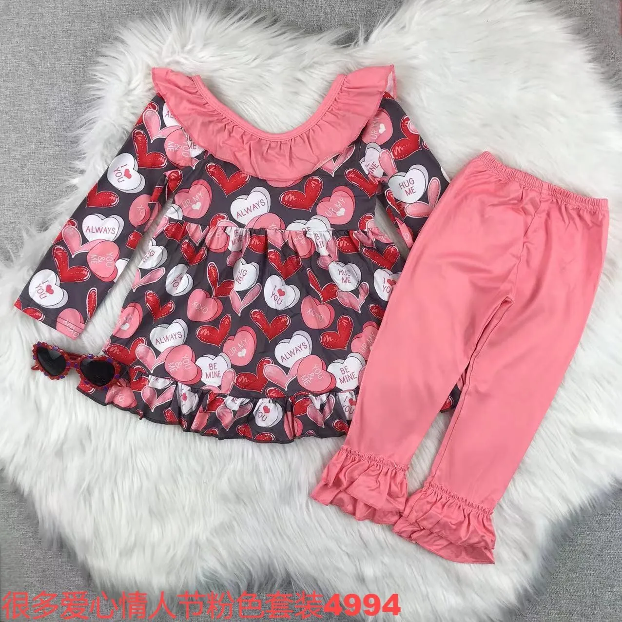 Valentine's day Girl Baby Dress and Pants Pink Long Love Rabbit Childrens Clothes Romantic Clothing