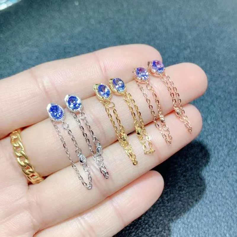 Fashion Gemstone Drop Earrings for Girl 3*4mm VVS Natural Tanzanite 925 Silver Earrings Allergy Free 3 Layers 18K Gold Plating