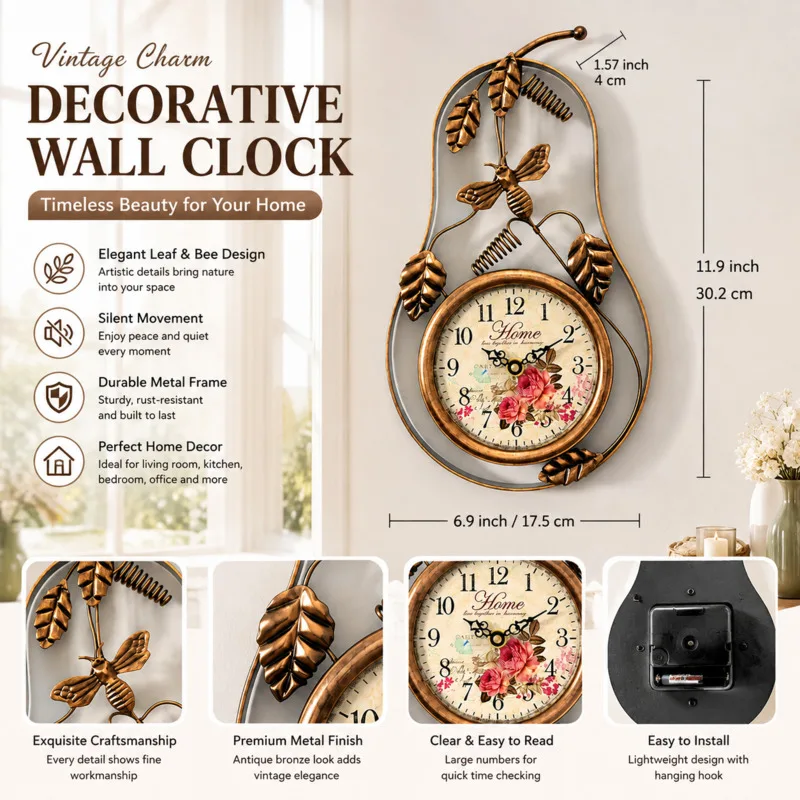 17.5cm Vintage Iron Wall Clock Hollow, Gourd Bee Leaf Metal Art Round, Home Decor Living Room Bedroom Study, Office Timepiece Gi