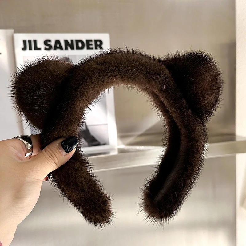 Cute Real Mink Fur Cat Ears Headband For Women 100%Fur Plush Hair Accessories Solid Head Wraps Luxury Girlfriend Gift Winter