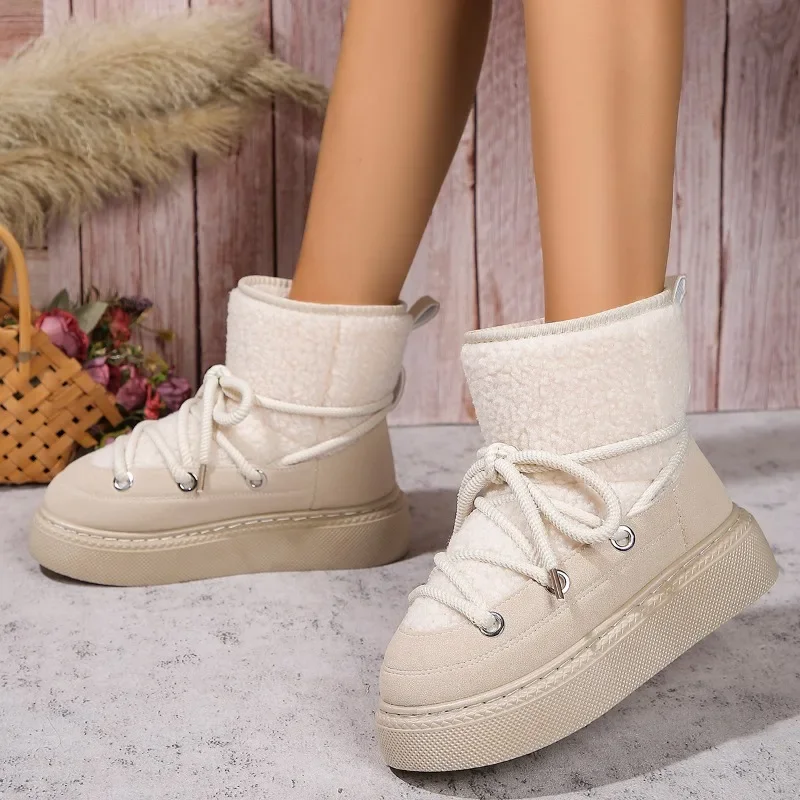 Women\'s Shoes 2024 Hot Sale Lace Up Women\'s Boots Winter Round Toe Plush Fleece for Warmth Solid Middle Tube Platform Snow Boots