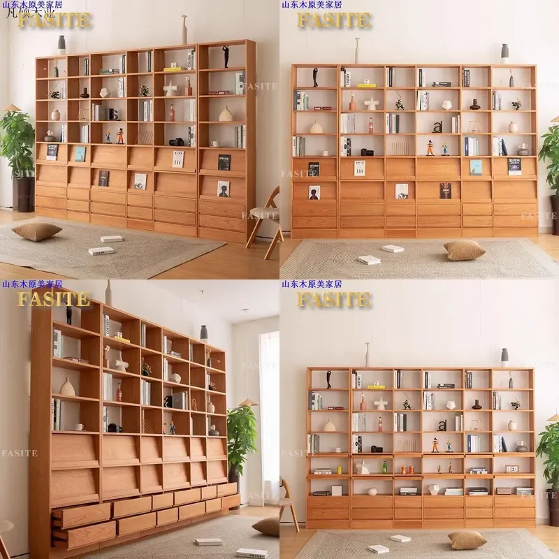For Nordic Solid Wood Cherry Black Walnut Bookcase Integrated Whole Wall Living Room Cabinet Simple Japanese Log Bookshelf