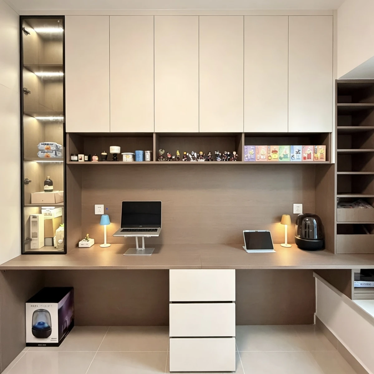 Modern Minimalist Study Cabinet Bespoke Built-in Bookcase with Glass Door LED Lighting Desk Integrated Home Office Solution