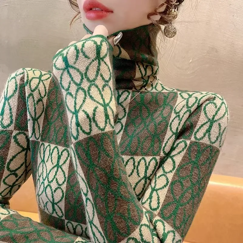 

Женская одежда, модная водолазка, вязаные пуловеры с геометрическим рисунком, осень-зима, элегантные тонкие свитера с длинными рукавами, женские универсальные топы