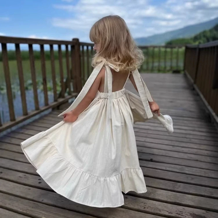 Girls Princess Dress Spring Summer New Backless Dress Children Fashion French Style Casual Long Camisole Dress