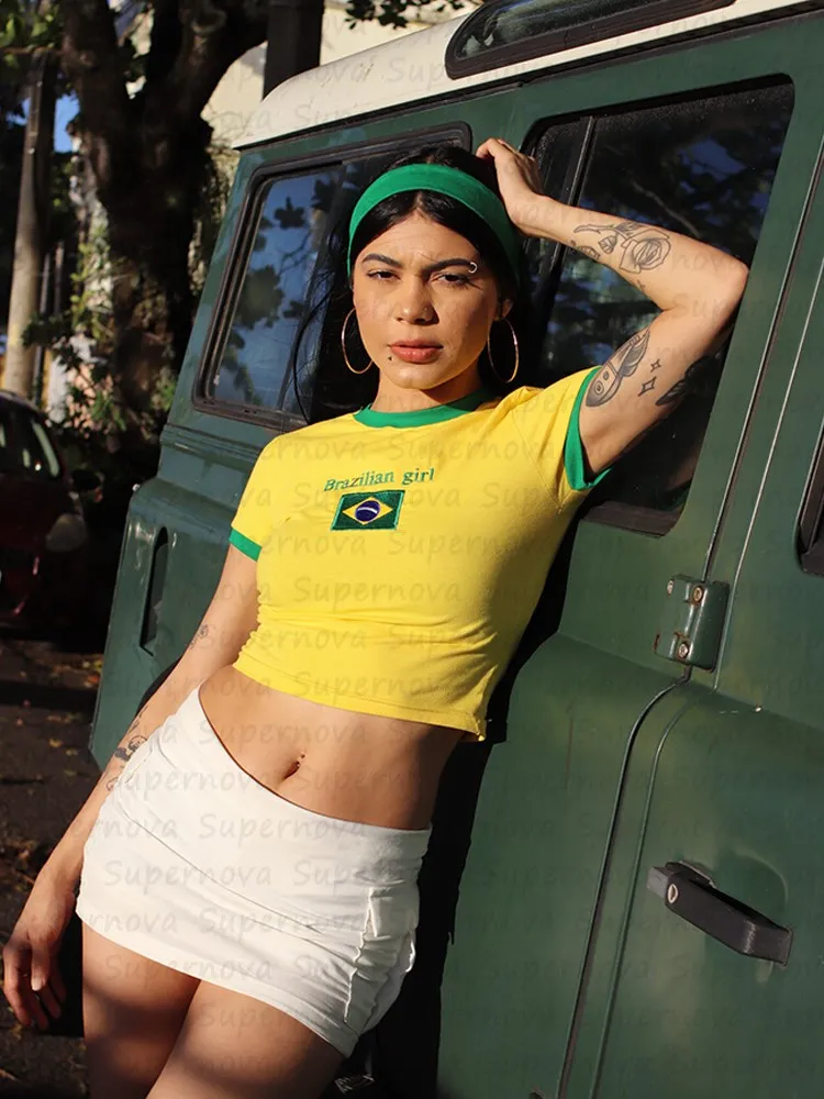 Brazilian gril aesthetics Top women Streetwear Gothic Emo Girl Crop Top Baby Tee Grunge Casual ShortT-Shirt fashion 2000s tops