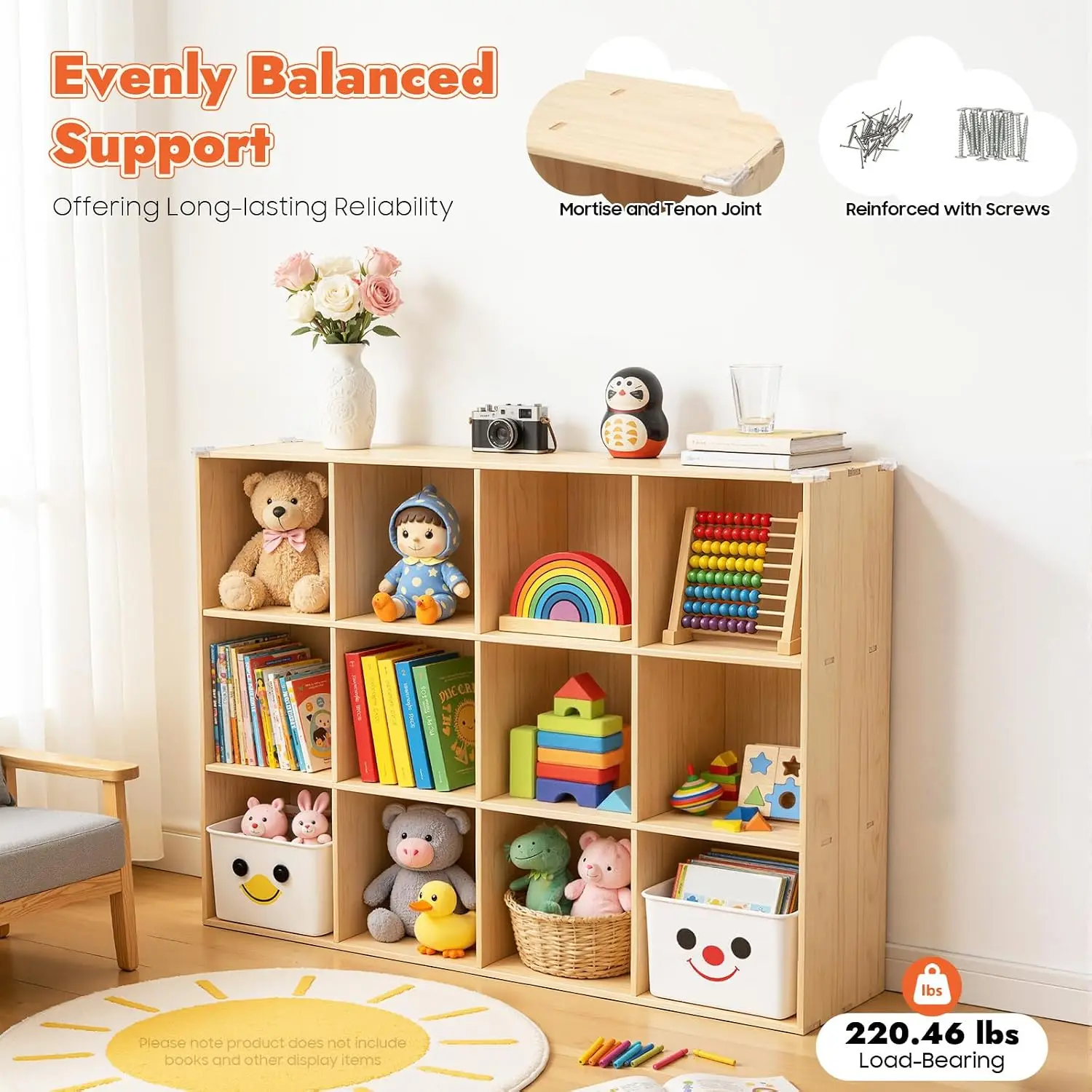 12-Cube Solid Wood Bookcase 3-Tier Storage Shelf 220 lbs Capacity, Customized