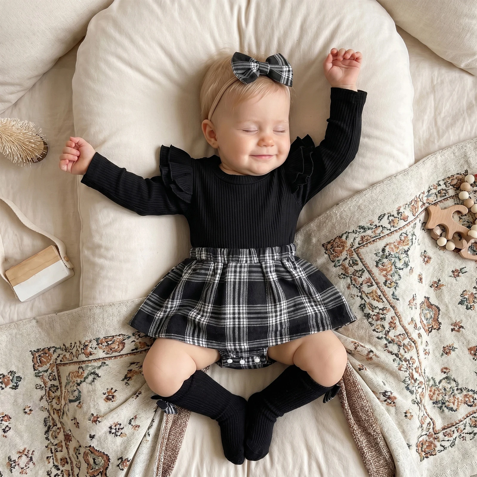 3Pcs Set Baby Girls Fall Romper Dress Ribbed Plaid Fly Sleeve Skirt Hem Bodysuits Headband Socks Girls Autumn Clothse Set