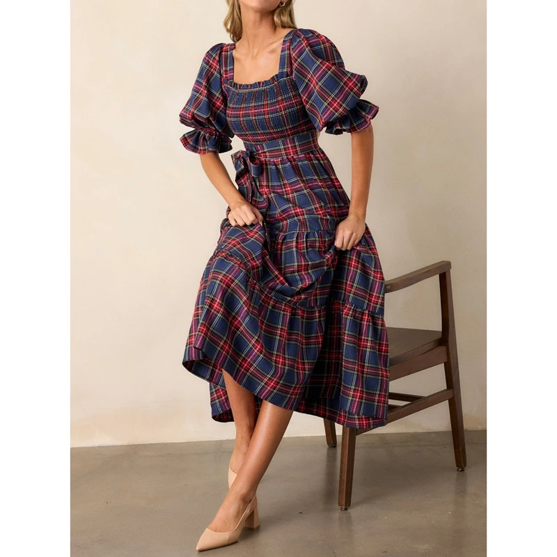 Sukienka damska Combhasaki, świąteczna, w kratę, zwiewna, maxi, styl Y2k, bufiaste rękawy, kwadratowy dekolt, falbany, marszczona, w kratkę gingham, na imprezę, z paskiem, długa.