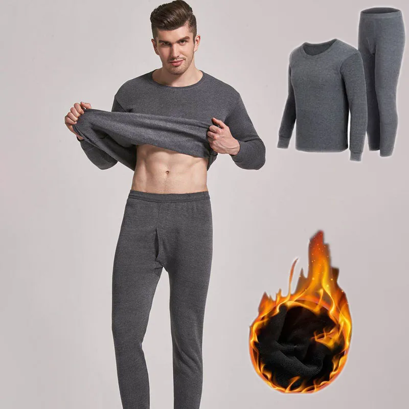 Autumn Winter Men Thermal Underwear Suit Cold Resistant O-Neck Full Sleeved 2PCS Sets Basic Solid Warm Layer Top Pants Set
