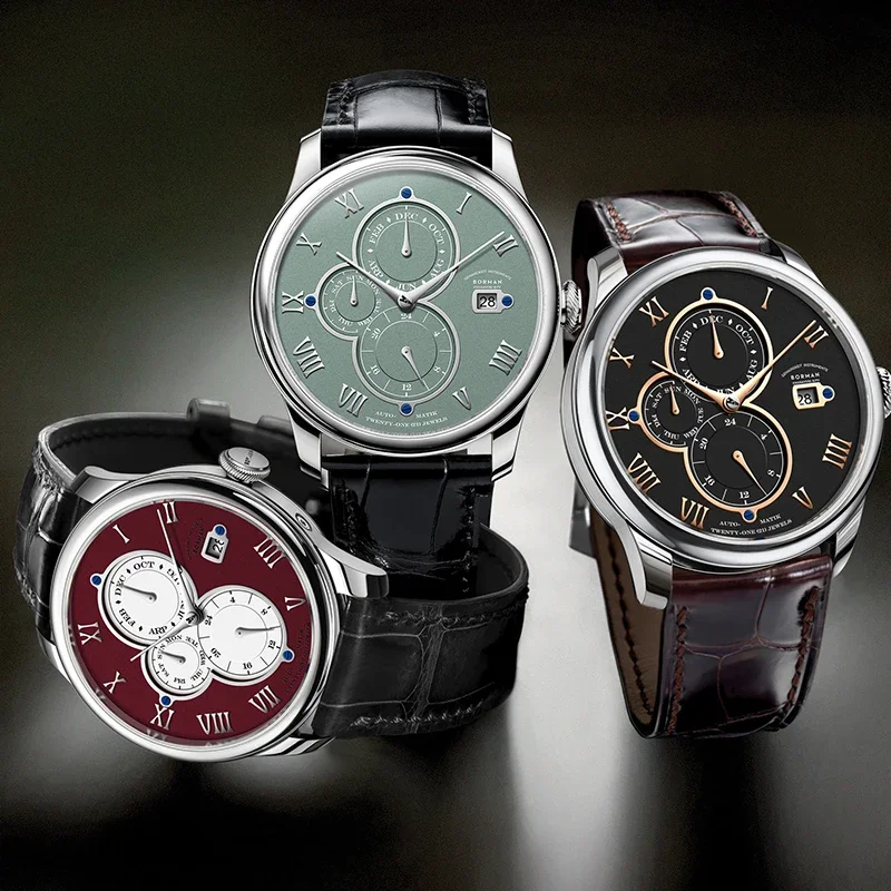 Relojes mecánicos automáticos BORMAN de marca de lujo para hombre zafiro 50M resistente al agua esfera multifunción relojes de cuero Retro BM18011