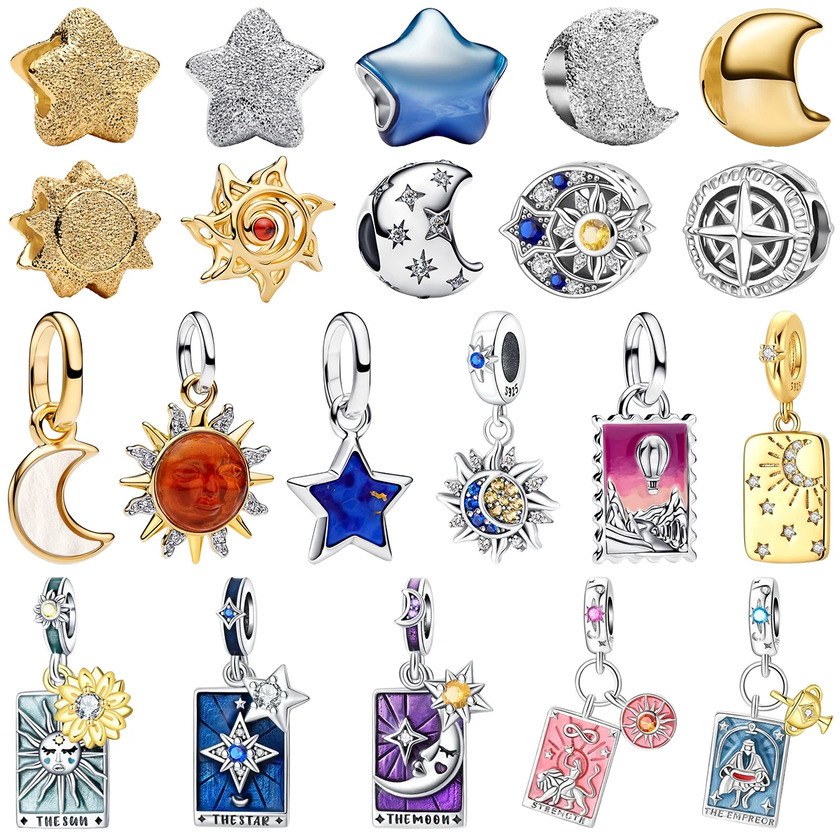 New 925 Sterling Silver Celestial Tarot Charms Star Moon Sun Compass Tarot Card Enamel Beads Fit Bracelet Necklace DIY Jewelry