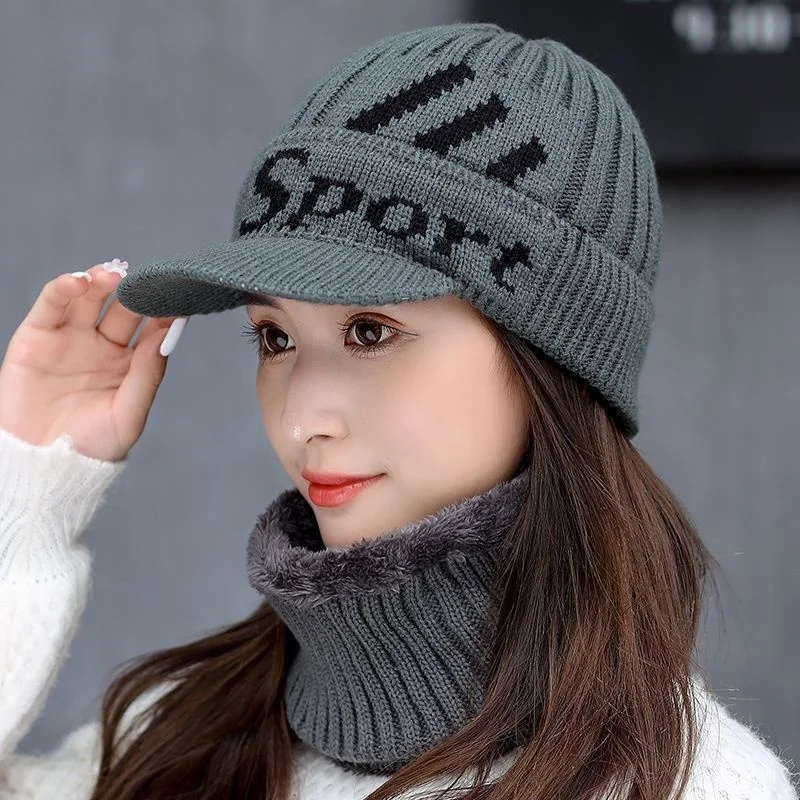 Korean knitted wool hat Bib women's autumn and winter Plush thickened warm hat cycling ear protection duck tongue Hat Winter