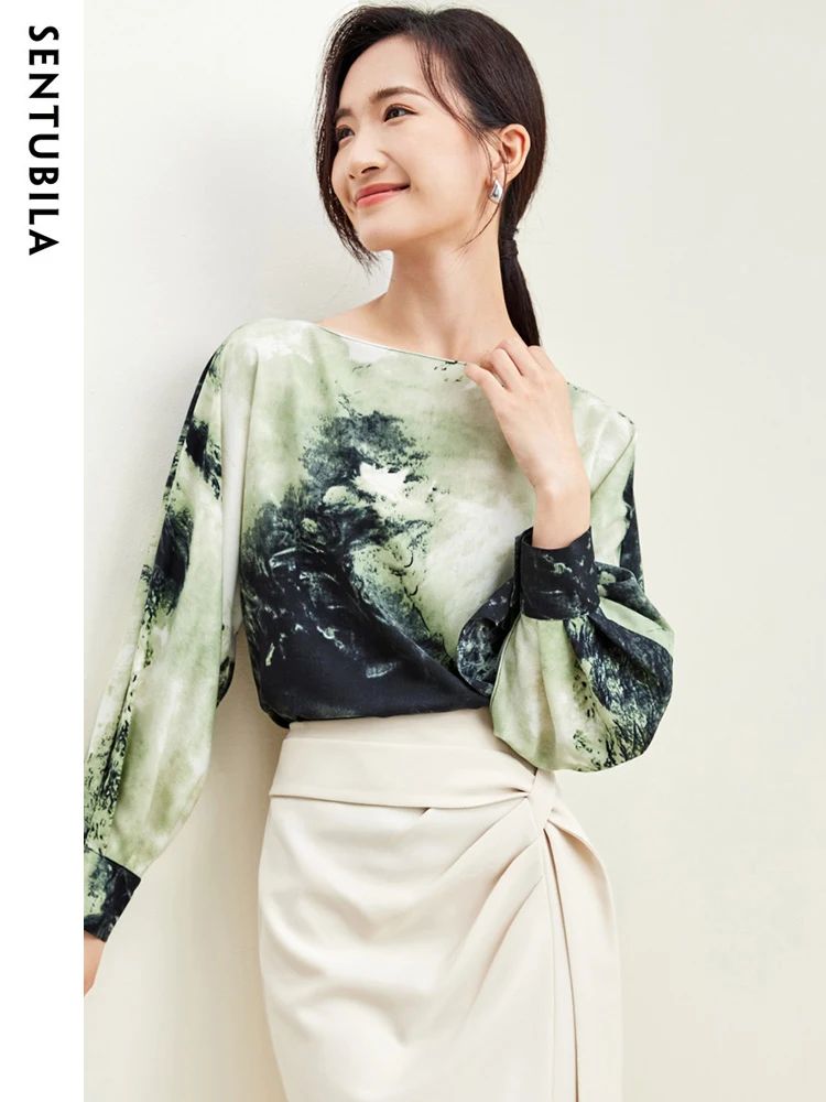 SENTUBILA Lantern Long Sleeve Chiffon Blouses Women Autumn Fashion Loose Chinese Brush Painting Pullover Female Shirt 133V50954