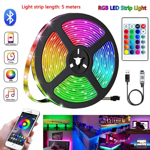 Tira de luces LED RGB con Bluetooth, USB, 5V, controlador 5050, lámpara de diodo Flexible de 5M, cinta de luces, iluminación de fondo de TV, decoración de escritorio y habitación