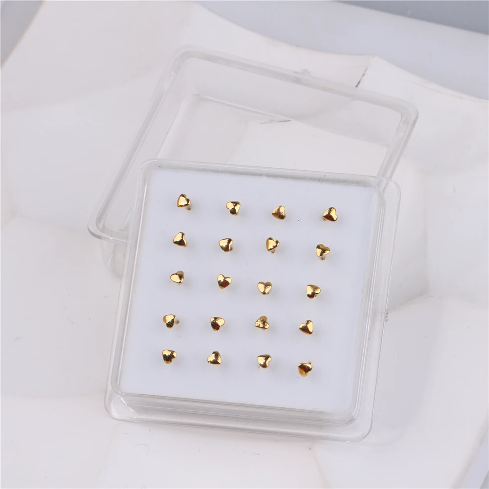 20Pcs 22G  Heart Shape Nose Studs Bone for Women Men Tiny Nose Ring Body Piercing Jewelry Silver Gold Color Nose Pin Ball End