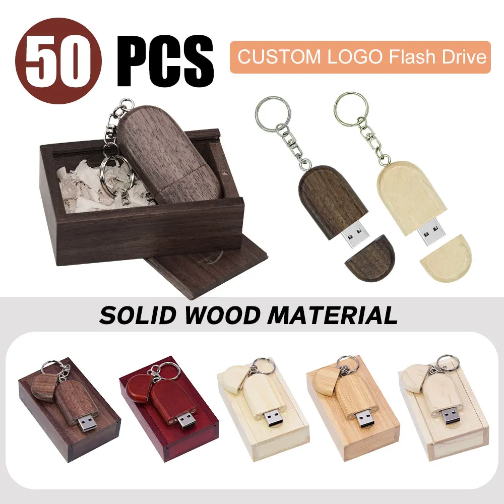 50pcs/lot Wooden 2.0USB Flash Drives 128GB Free Engraved Logo Keychain Memory Stick 64GB 32GB Wedding Photography Pen Drive Gift